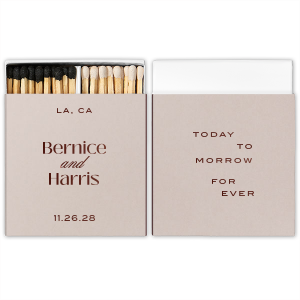Show how everlasting your love is with the Today, Tomorrow, Forever Matchbox. Customize the matchbox with you and your sweetheart's names to create a bespoke design that exemplifies your commitment to one another. Featured in our Burgundy Wedding theme, match your special occasion with any number of stylish products to create a cohesive vision. 