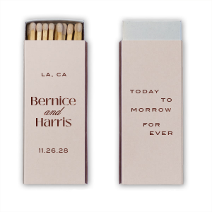 Show how everlasting your love is with the Today, Tomorrow, Forever Matchbox. Customize the matchbox with you and your sweetheart's names to create a bespoke design that exemplifies your commitment to one another. Featured in our Burgundy Wedding theme, match your special occasion with any number of stylish products to create a cohesive vision. 