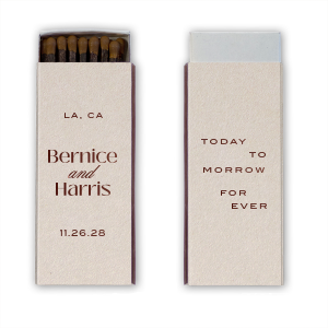 Show how everlasting your love is with the Today, Tomorrow, Forever Matchbox. Customize the matchbox with you and your sweetheart's names to create a bespoke design that exemplifies your commitment to one another. Featured in our Burgundy Wedding theme, match your special occasion with any number of stylish products to create a cohesive vision. 