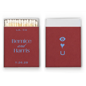 What sentiment is more timeless than the Eye Love You Matchbox?  Customize the cutesy design to create a bespoke memento that will be cherished for years to come. With your choice of colors and test, there is no reason not to create a one of a kind memory. Featured in our Burgundy Wedding theme, match your special occasion with any number of stylish products to create a cohesive vision. 