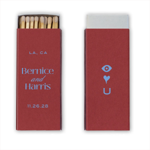 What sentiment is more timeless than the Eye Love You Matchbox?  Customize the cutesy design to create a bespoke memento that will be cherished for years to come. With your choice of colors and test, there is no reason not to create a one of a kind memory. Featured in our Burgundy Wedding theme, match your special occasion with any number of stylish products to create a cohesive vision. 