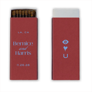 What sentiment is more timeless than the Eye Love You Matchbox?  Customize the cutesy design to create a bespoke memento that will be cherished for years to come. With your choice of colors and test, there is no reason not to create a one of a kind memory. Featured in our Burgundy Wedding theme, match your special occasion with any number of stylish products to create a cohesive vision. 