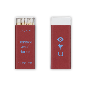 What sentiment is more timeless than the Eye Love You Matchbox?  Customize the cutesy design to create a bespoke memento that will be cherished for years to come. With your choice of colors and test, there is no reason not to create a one of a kind memory. Featured in our Burgundy Wedding theme, match your special occasion with any number of stylish products to create a cohesive vision. 