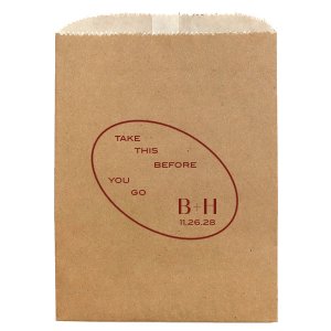 Send home memories with the Ringed Couple Initials Bag. The elegant design is perfect for sending treats and mementos home with honored guests. Featured in our Burgundy Wedding theme, match your special occasion with any number of stylish products to create a cohesive vision. 