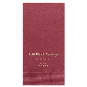The You Look Stunning Napkin is sure to delight and stun all guests at your next party event. The customizable napkins are averrable in your choice of colors, featuring personalized text to best share your heart-felt message. Featured in our Burgundy Wedding theme, match your special occasion with any number of stylish products to create a cohesive vision. 