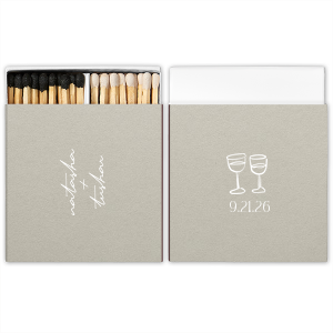 Light up your autumnal love story with the Boho Terracotta Line Art Wedding Matchbox. Customize one side with the couple's names elegantly scripted, symbolizing unity. The other side is adorned with a minimalist line drawing of two clinking wine glasses, topped by the wedding date in a refined serif font, ready to commemorate your chic, moody celebration.
