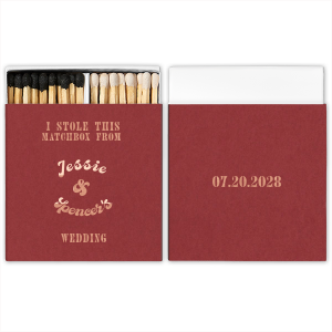 Spark conversation and smiles with the I Stole This Matchbox from Your Wedding Matchbox, a playful memento featuring "I stole this matchbox from (your names) wedding" alongside your personalized names and date. A cheeky treasure for your wedding guests to cherish.
