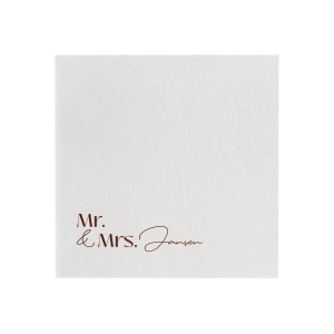The Couples Script Last Name Napkin is perfect for any type of special event, from weddings, to engagements, anniversaries or even home entertainment. The elegantly designed napkin is customizable with your choice of text as well as foil and napkin color. Personalize your next momentous occasion to the fullest!