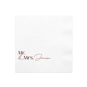 The Couples Script Last Name Napkin is perfect for any type of special event, from weddings, to engagements, anniversaries or even home entertainment. The elegantly designed napkin is customizable with your choice of text as well as foil and napkin color. Personalize your next momentous occasion to the fullest!