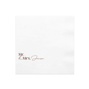 The Couples Script Last Name Napkin is perfect for any type of special event, from weddings, to engagements, anniversaries or even home entertainment. The elegantly designed napkin is customizable with your choice of text as well as foil and napkin color. Personalize your next momentous occasion to the fullest!
