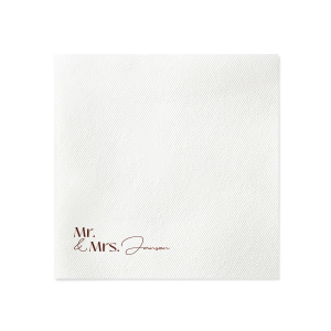 The Couples Script Last Name Napkin is perfect for any type of special event, from weddings, to engagements, anniversaries or even home entertainment. The elegantly designed napkin is customizable with your choice of text as well as foil and napkin color. Personalize your next momentous occasion to the fullest!