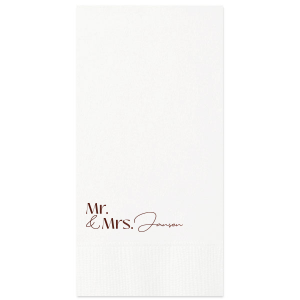 The Couples Script Last Name Napkin is perfect for any type of special event, from weddings, to engagements, anniversaries or even home entertainment. The elegantly designed napkin is customizable with your choice of text as well as foil and napkin color. Personalize your next momentous occasion to the fullest!