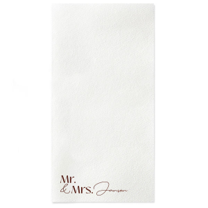 The Couples Script Last Name Napkin is perfect for any type of special event, from weddings, to engagements, anniversaries or even home entertainment. The elegantly designed napkin is customizable with your choice of text as well as foil and napkin color. Personalize your next momentous occasion to the fullest!
