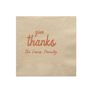 Show your gratitude for the Thanksgiving season with the Give Thanks Family Napkin. Personalize the design color and text to best match the vibes unique to your family gathering!