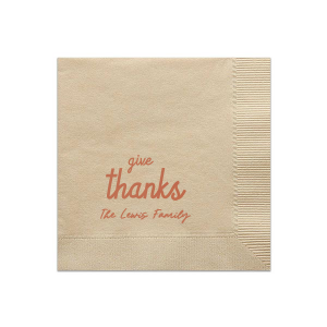 Show your gratitude for the Thanksgiving season with the Give Thanks Family Napkin. Personalize the design color and text to best match the vibes unique to your family gathering!