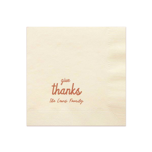 Show your gratitude for the Thanksgiving season with the Give Thanks Family Napkin. Personalize the design color and text to best match the vibes unique to your family gathering!