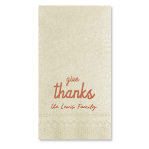 Show your gratitude for the Thanksgiving season with the Give Thanks Family Napkin. Personalize the design color and text to best match the vibes unique to your family gathering!