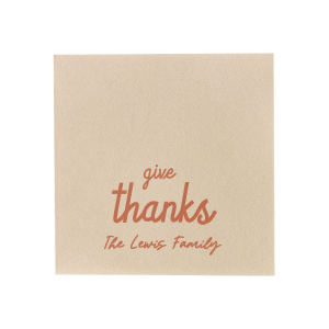 Show your gratitude for the Thanksgiving season with the Give Thanks Family Napkin. Personalize the design color and text to best match the vibes unique to your family gathering!