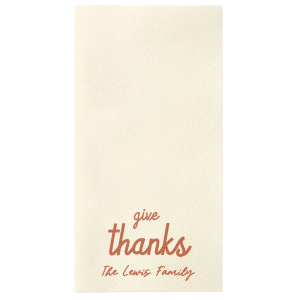 Show your gratitude for the Thanksgiving season with the Give Thanks Family Napkin. Personalize the design color and text to best match the vibes unique to your family gathering!
