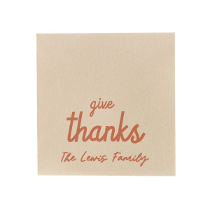 Show your gratitude for the Thanksgiving season with the Give Thanks Family Napkin. Personalize the design color and text to best match the vibes unique to your family gathering!
