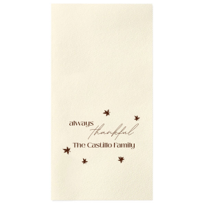 Show your gratitude for friends and loved ones at your next party event with the Always Thankful Family Napkin. The high quality napkin is available in your choice of styles paired with an expansive collection of foil stamp colors, allowing you to personalize your own unique product.