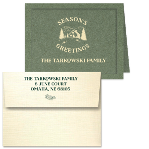 Personalize your warm wishes this year with the stylish Holiday Cabin Card. The design of a winter wonderland makes for easy customization, creating a one of a kind memento for the holiday season.