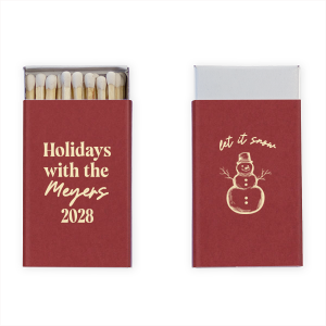 ForYourParty's personalized Natural Scarlet Classic Matchbox (Foil) with Matte Ivory Foil has a Snowman graphic and is good for use in Outdoors themed parties and will make your guests swoon. Personalize your party's theme today.