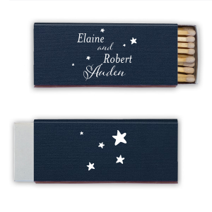 Light up your celebration with the Starry Wedding Matchbox. The couple’s names, stacked and celestial, shine amidst a constellation of stars. On the back, scattered star graphics add a twinkle of romance. It's a dreamy keepsake that truly feels like destiny was at play.