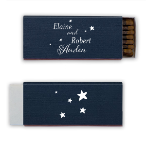 Light up your celebration with the Starry Wedding Matchbox. The couple’s names, stacked and celestial, shine amidst a constellation of stars. On the back, scattered star graphics add a twinkle of romance. It's a dreamy keepsake that truly feels like destiny was at play.