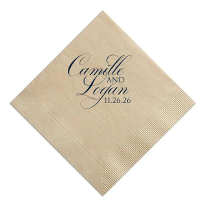 The Artistic Elegant Swirl Script Names Wedding Napkin design combines artistic flair and statement-making elegance. Swirling, fancy script intertwines the couple's names, connected by a bold, all-caps "and." The event date is cleverly integrated, adding a playful touch to this dramatic and captivating design.