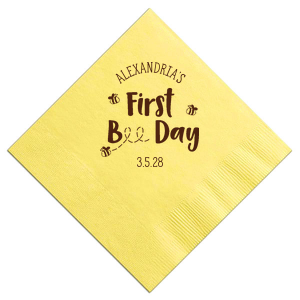 Take care of any sticky situations at your with the First Bee-Day Birthday Napkin. The napkin is perfect for cleaning up any mess, making it invaluable for children's birthdays.Easily customize the text for a the stylish yet highly functional party napkin for your baby's first birthday!