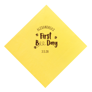 Take care of any sticky situations at your with the First Bee-Day Birthday Napkin. The napkin is perfect for cleaning up any mess, making it invaluable for children's birthdays.Easily customize the text for a the stylish yet highly functional party napkin for your baby's first birthday!