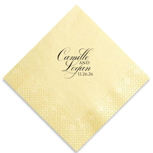 The Artistic Elegant Swirl Script Names Wedding Napkin design combines artistic flair and statement-making elegance. Swirling, fancy script intertwines the couple's names, connected by a bold, all-caps "and." The event date is cleverly integrated, adding a playful touch to this dramatic and captivating design.