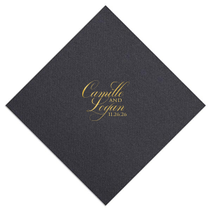 The Artistic Elegant Swirl Script Names Wedding Napkin design combines artistic flair and statement-making elegance. Swirling, fancy script intertwines the couple's names, connected by a bold, all-caps "and." The event date is cleverly integrated, adding a playful touch to this dramatic and captivating design.
