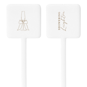 Get things stirred up at your next shindig with the Pearls and Prosecco Stir Stick. Available in a variety of shapes and materials, customize the text in your choice of foil stamp colors to add your unique touch to your personalized party items. 
