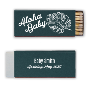 Welcome new beginnings with the Aloha Baby Matchbox. Perfect for island-loving parents-to-be, it combines palm graphics on one side with joyful baby news on the reverse. Ideal for baby showers, this enchanting design whispers tropical warmth and excitement for your little one’s arrival.