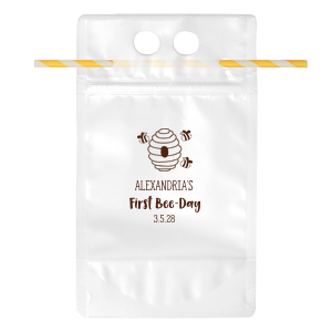 Every sip is sweeter with the First-Bee Day Birthday Drink Pouch. Customize the text and color to create a memorable party favor enjoyed by child and adults alike! A fun and stylish addition to your baby's first birthday.