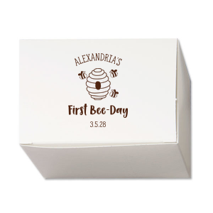Take treats to the hive back home with the First Bee-Day Birthday Cake Box. The customizable party favor is perfect for sending guests home with goodies from your baby's first birthday!