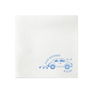 Gear up for a good time with the stylish and whimsical Just Hitched Wedding Napkin for your next big party event. The customizable design comes available in a wide variety of colors and style to fit your event's theme. Not only great for weddings, but for engagements and home entertainment too!