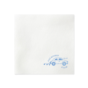 Gear up for a good time with the stylish and whimsical Just Hitched Wedding Napkin for your next big party event. The customizable design comes available in a wide variety of colors and style to fit your event's theme. Not only great for weddings, but for engagements and home entertainment too!