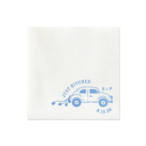 Gear up for a good time with the stylish and whimsical Just Hitched Wedding Napkin for your next big party event. The customizable design comes available in a wide variety of colors and style to fit your event's theme. Not only great for weddings, but for engagements and home entertainment too!