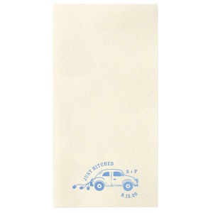 Gear up for a good time with the stylish and whimsical Just Hitched Wedding Napkin for your next big party event. The customizable design comes available in a wide variety of colors and style to fit your event's theme. Not only great for weddings, but for engagements and home entertainment too!