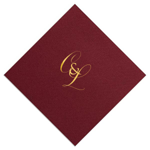 The Elegant Swirl Script Initials Napkin showcases the couple’s Initials in a fancy, swirling script, elegantly intertwined for a sophisticated touch. Stacked artistically and interconnected by a bold ampersand, this design radiates elegance, adding a uniquely graceful accent to any celebration.