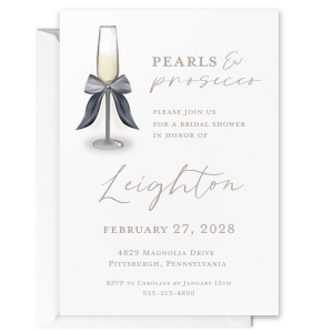 Impress guests even before the event with the Pearls and Prosecco Champagne Flute Invitation. The full color card features customizable text to personalize your message, leaving a first impression that can't be forgotten. 