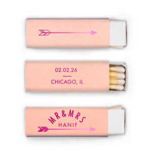 Strike a spark of celebration with the Wedding Arrow Matchbox, where an elegant 'Mr & Mrs' arch crowns the shared surname, accented by a dynamic shooting arrow. The back holds the date and locale, marking the start of the couple's forever