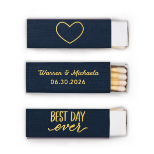 Embrace jubilation with the Traditional Script Names Best Day Ever Wedding Match design, featuring a vivacious "Best Day Ever" declaration on the front. The reverse side elegantly presents the couple's names in traditional script, crowned by the wedding date, blending excitement with classic charm.