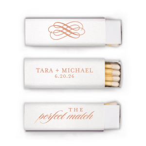 Ignite the spark of a new beginning with the Classic Perfect Match Names & Date Wedding Match. Elegant script announces a timeless union on the front, while the couple's bond is celebrated with a date below on the reverse. A truly sophisticated design, it's a refined detail for the discerning couple's grand day.