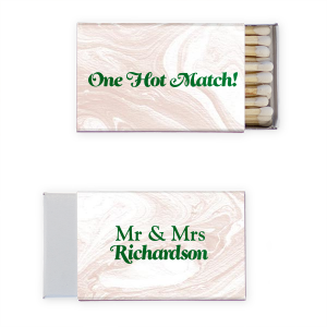 Ignite the festivities with the One Hot Wedding Matchbox. Featuring the cheeky statement "One Hot Match" on one side and the newlyweds' "Mr. & Mrs." title with their shared surname on the other, it's a striking keepsake for a love that truly sizzles!