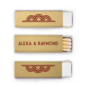 The Deco Framed Names Match matchbox design melds modern art deco with personalized elegance. One side boldly features the couple's names in all caps, while the other two sides display a symmetrical art deco pattern, characterized by graceful arches, lines, and shadows, creating a captivating and artistic impression.