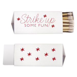 The Strike Up Fun Matchbook radiates excitement and playful energy. Its design features "Strike up" in a lively script, underscored by "SOME FUN" in bold. Accented with three solid star-like sparks, this matchbook promises a party atmosphere filled with fun and high spirits. 